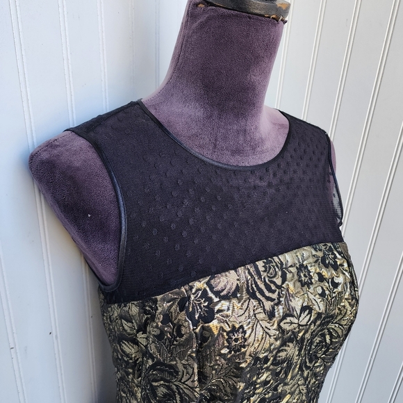 Luxe Carmen Marc Valvo Fit and Flare Dress Women's 4 Gold Black Sheer Jacquard - Picture 14 of 16